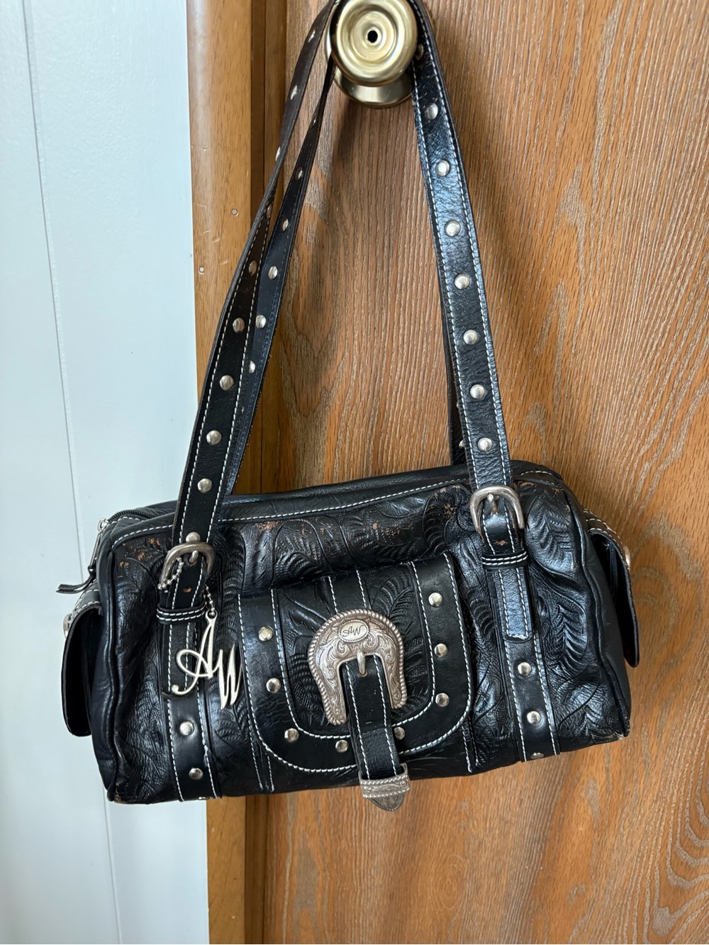 American West Y2K Vintage Black Studded Western Shoulder Bag with Silver Accents
